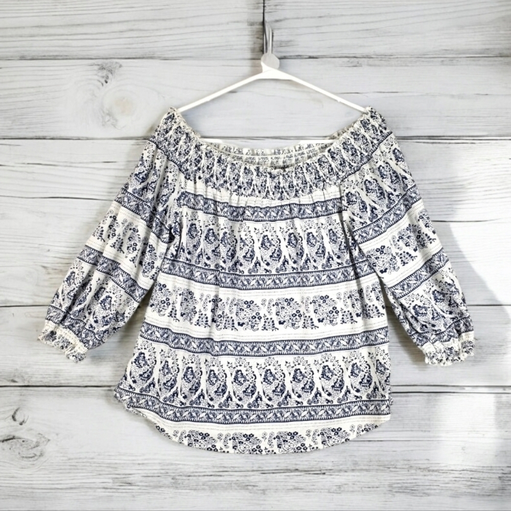 NWT Melloday women’s white and blue off shoulder half sleeve boho top - Picture 2 of 12